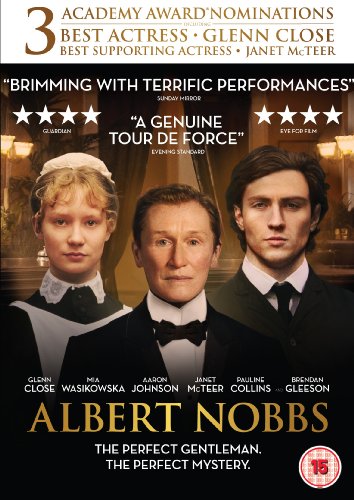 DVD cover for "Albert Nobbs" featuring three actors in formal attire against a hotel backdrop.