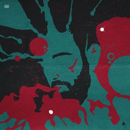 A vinyl record cover with an abstract, dark green and red splattered design.