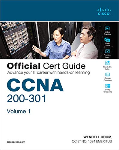 "Book cover with title 'CCNA 200-301 Official Cert Guide, Volume 1' and people examining servers."