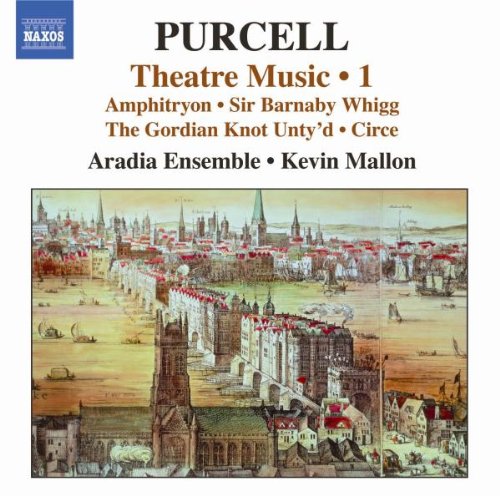 CD cover with medieval cityscape artwork and text listing Purcell's theatre music performances.