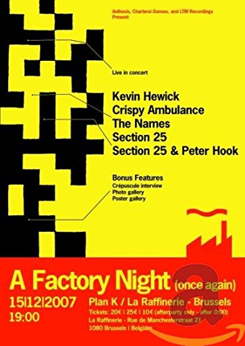 "A Factory Night DVD cover with yellow and red background and black text."