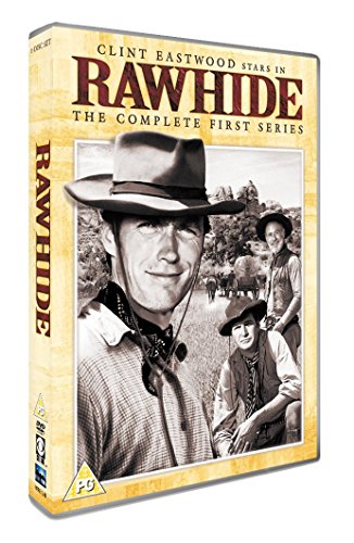 "Yellow DVD case with black and white image of three men wearing cowboy hats."