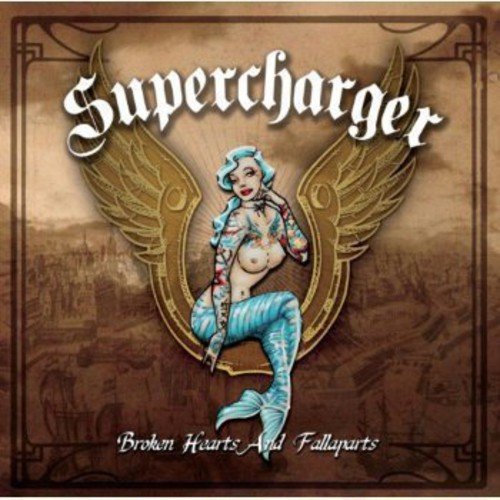 "Album cover featuring a pin-up mermaid with wings, on a brown background."