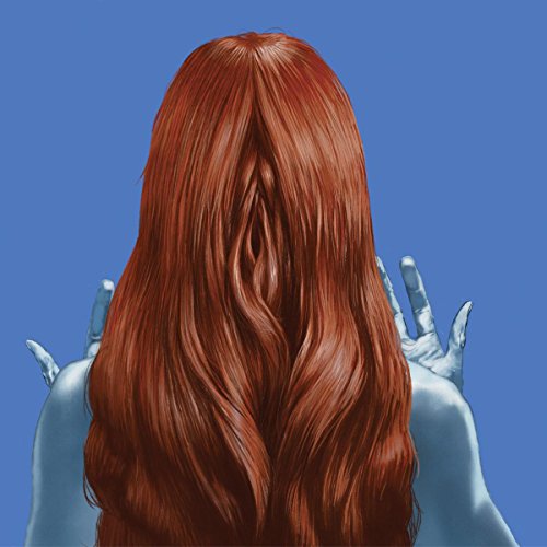 "Blue-skinned woman with long red hair, hands raised, against a blue background."