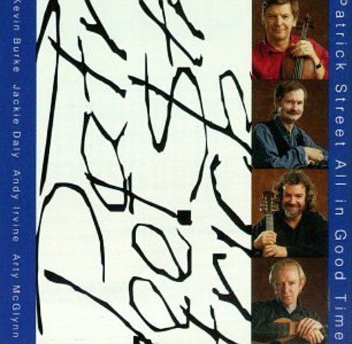 "CD cover with abstract design, blue borders, and four musician photos."