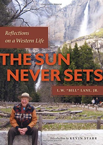Book cover of "The Sun Never Sets" featuring a man sitting outdoors.