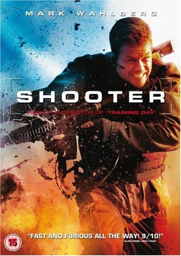 "Shooter DVD cover featuring Mark Wahlberg holding a gun amidst explosions."