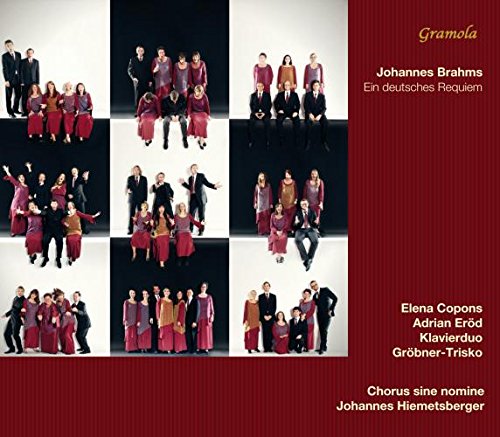 "CD cover with red background, featuring a grid of choir members in formal attire."