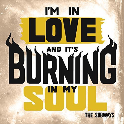 "Vinyl record cover with bold, flame-themed text on a beige background."