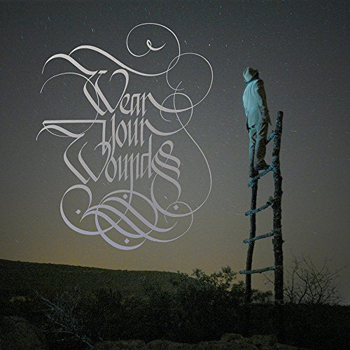 "Album cover with person on a ladder against a dark landscape."
