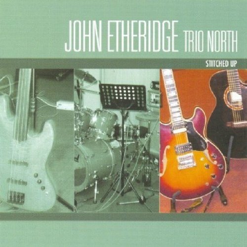 "Album cover with three images of guitars and drums on a green background."