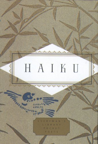 The image depicts a book cover with a beige background and leaf pattern. Alt text: Beige book cover with leaves and a blue bird, titled "Haiku".