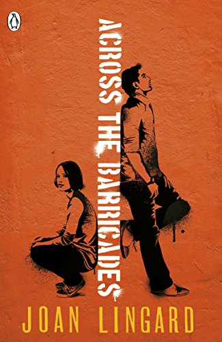 "Book cover with orange background, featuring silhouettes of a boy and girl."