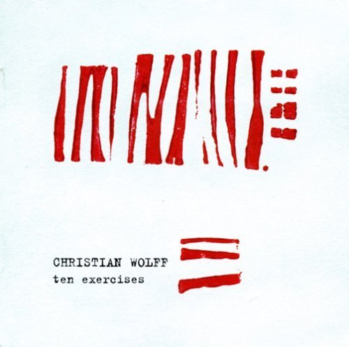 "Album cover with red abstract design and text 'Christian Wolff ten exercises' on white background."