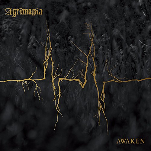 Dark album cover with yellow roots and text "Agrimonia" and "Awaken" in ornate font.
