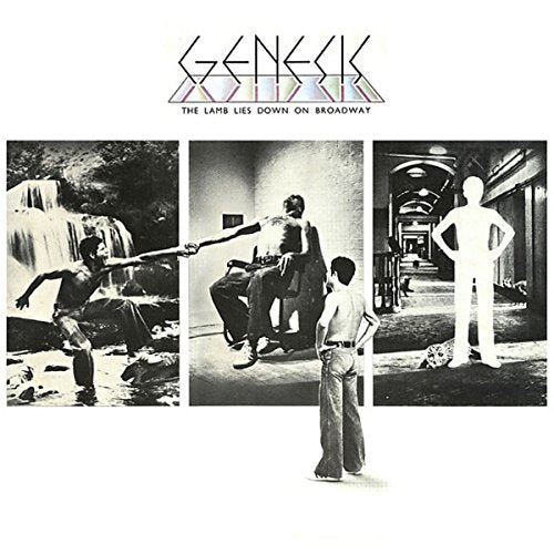 "Genesis album cover with three black-and-white images and colorful band name."