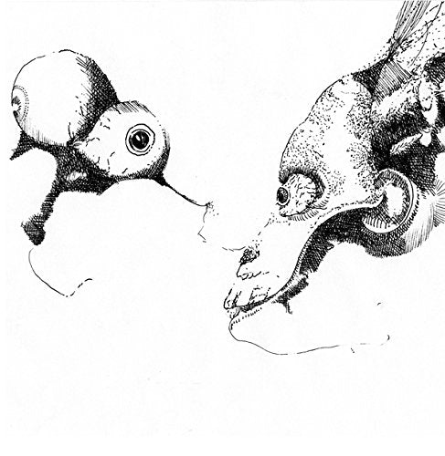 The image depicts a black-and-white illustration of two creatures facing each other. Alt text: Black-and-white illustration of two abstract creatures facing each other.