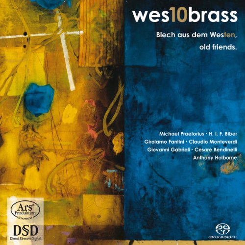 "CD cover with abstract yellow and blue design and white text listing composers' names."