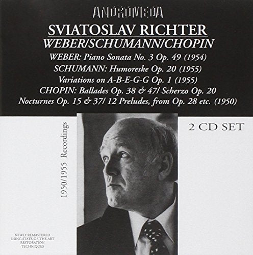 "CD cover featuring a black-and-white portrait of Sviatoslav Richter with musical composition details."