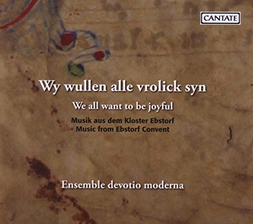 "CD cover with medieval manuscript background, white and black text, 'CANTATE' logo."
