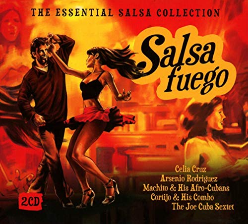 "Salsa Fuego CD cover featuring dancing couple and artist names in red and yellow tones."