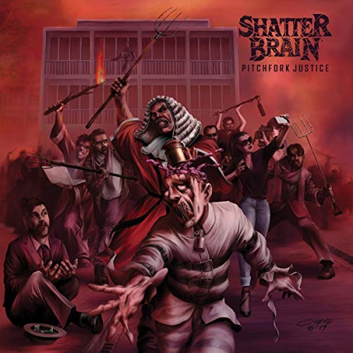 "Album cover art: chaotic scene with a judge and angry mob, red background."