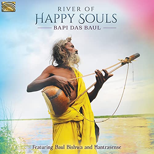 "CD cover featuring a man in yellow playing a stringed instrument by a river."