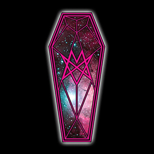 A pink coffin with a galaxy design inside on a black background.
