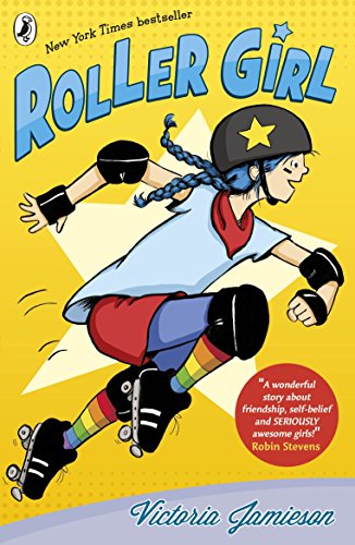 The image depicts a cartoon girl on roller skates, wearing protective gear, on a yellow background.