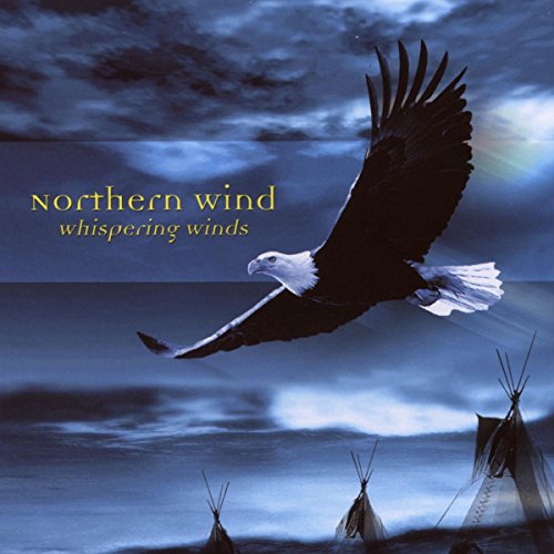 "Album cover featuring a bald eagle flying over teepees under a cloudy sky."