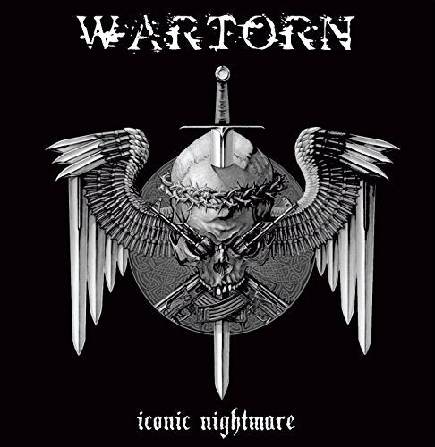 "Wartorn vinyl album cover with skull, swords, and wings on black background."