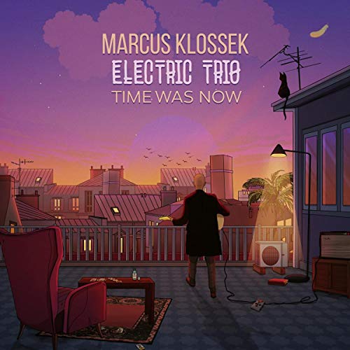"Album cover art: cartoon man on a rooftop at sunset, with cityscape in the background."