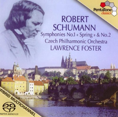 CD cover featuring Robert Schumann, a cityscape, and river with a stone bridge.