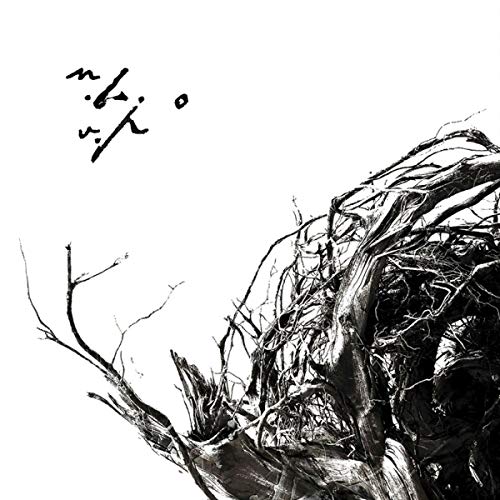 A black-and-white album cover featuring twisted tree roots and abstract symbols on a white background.