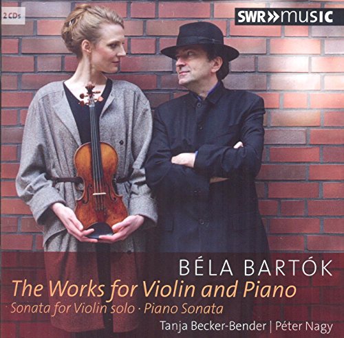 CD cover with a man and woman against a brick wall, woman holding a violin.