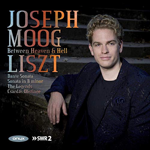 CD cover featuring pianist Joseph Moog in a dark jacket against stone steps.