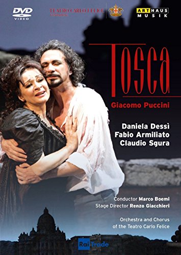 DVD cover for "Tosca" featuring a man embracing a woman against a cityscape.
