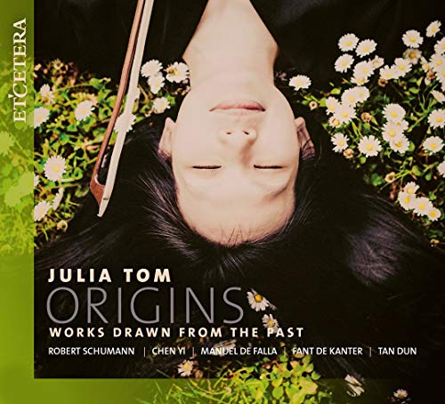 "CD cover featuring a woman lying down with a violin, surrounded by flowers."