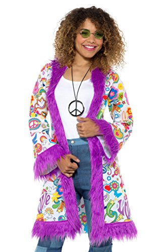 "Woman wearing a colourful hippie coat with purple fringe and peace sign pattern."