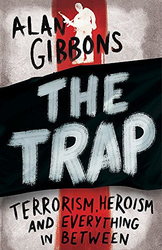 "Book cover with 'The Trap' title, soldier silhouette, and abstract red and black design."