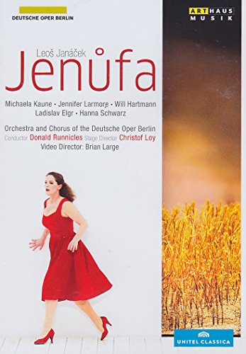 DVD cover for "Jenufa" featuring a woman in red dress walking.