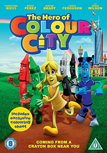 "The Hero of Colour City" DVD cover featuring anthropomorphic crayons and a cityscape.