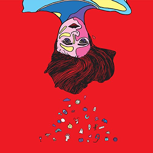 "Upside-down illustration of a person with objects spilling from their hair on a red background."