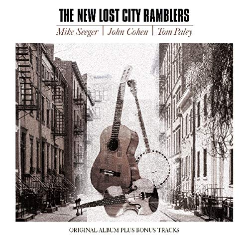 "Album cover with superimposed stringed instruments on a city street image."