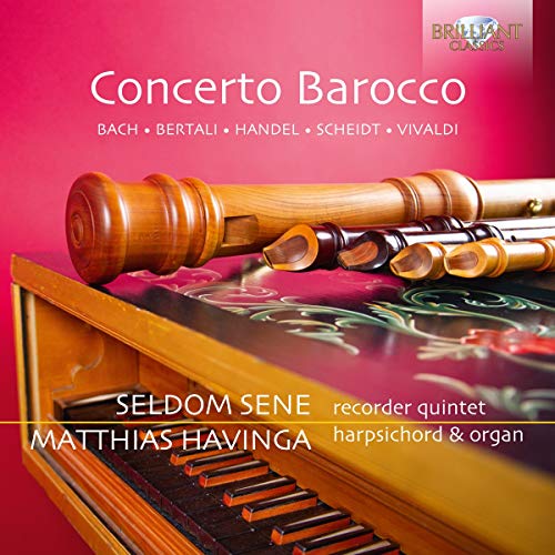 "CD cover with a harpsichord and recorders on a red background."