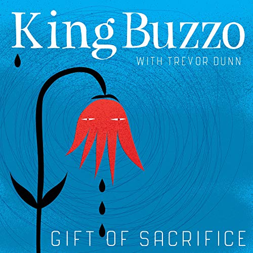 "Album cover with a red flower on a black stem against a blue background."