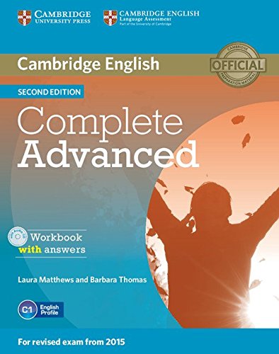 "Book cover with 'Complete Advanced Workbook' title, blue background, and a silhouette of a person."