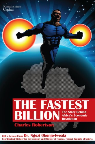 "Book cover with a superhero standing on a map of Africa, with orange suns."