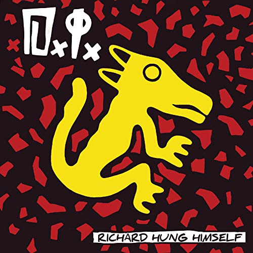 Album cover with skeleton, symbols, and dog illustration on a black background.