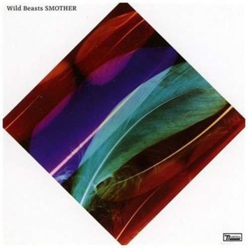 "Album cover with colorful feather design, tilted square on a white background."